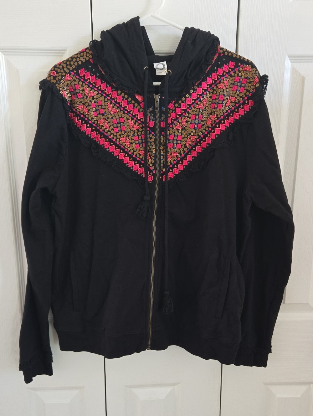 Anthropologie Women’s Black Zip-Up Hoodie with Pink & Gold Embroidered Yoke